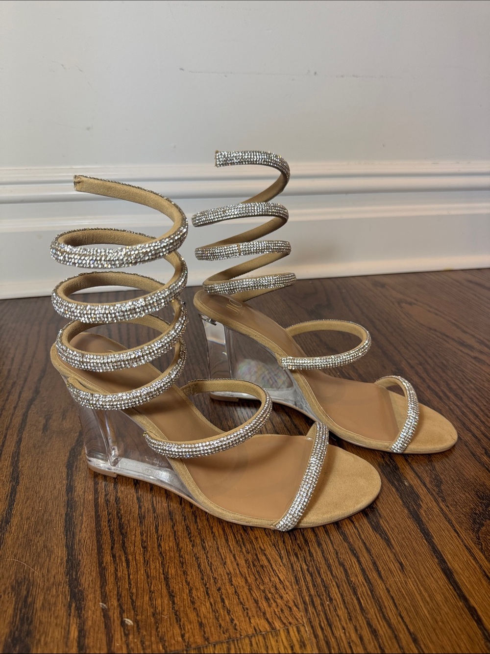 Jennifer Lopez Tan Spiral Crystal Wedge Sandals